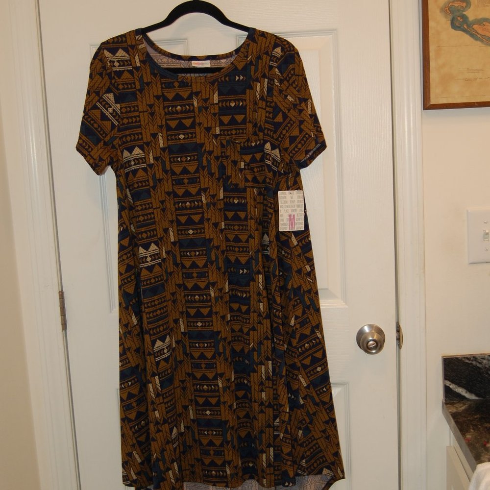LuLaRoe Women's Blue/Tan/Brownish  Geometric Pattern "Carly" Dress  Size M. NWT